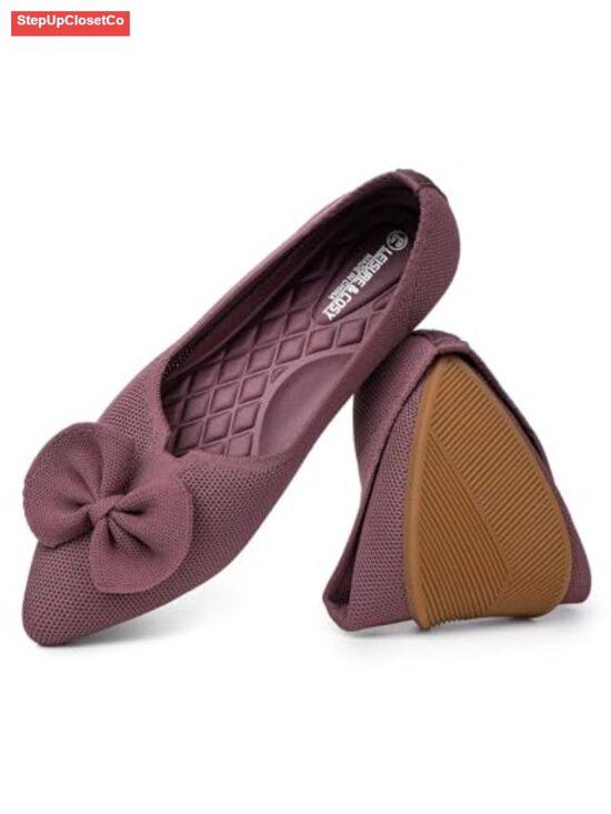 Shoes - Pointed Toe Knit Ballet Flats with Bow Slip-on Dressy Shoes Non-slip Outsole